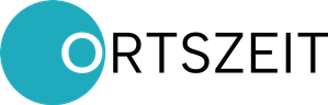 Ein türkisfarbener Kreis mit einer o-förmigen Aussparung in der rechten Hälfte, gefolgt von den restlichen Buchstaben des Wortes Ortszeit, bildet das Logo des Projektes.